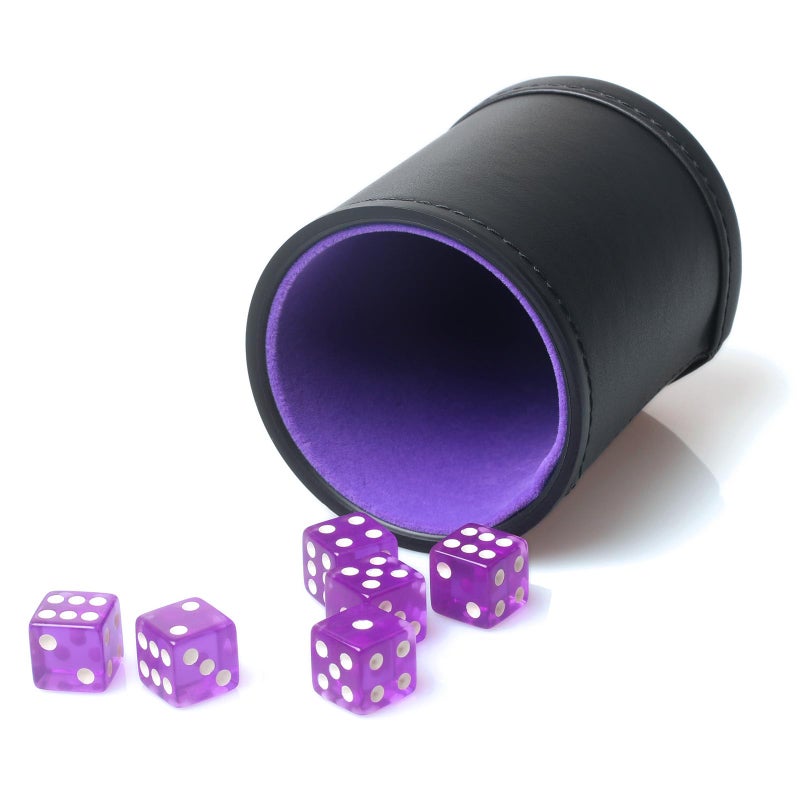 RERIVER PU Leather Dice Cup Set Purple Velvet Interior Dice Cup Shaker Quiet with 6 Purple Translucent Dice for Liars DiceFarkleYahtzee Games 1 Pack - Image 3