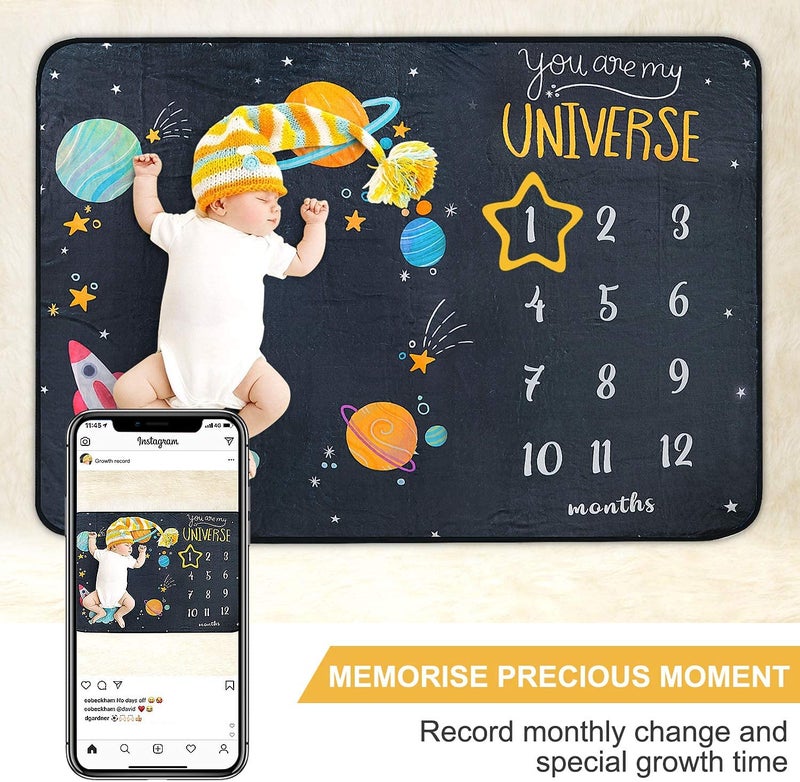 ComboJoy Baby Milestone Blanket - Cute Space Design Monthly Milestone Blanket for Baby Boy and Girl, Soft and Thick Flannel Material Wrapped with Milestone Stickers - Image 2