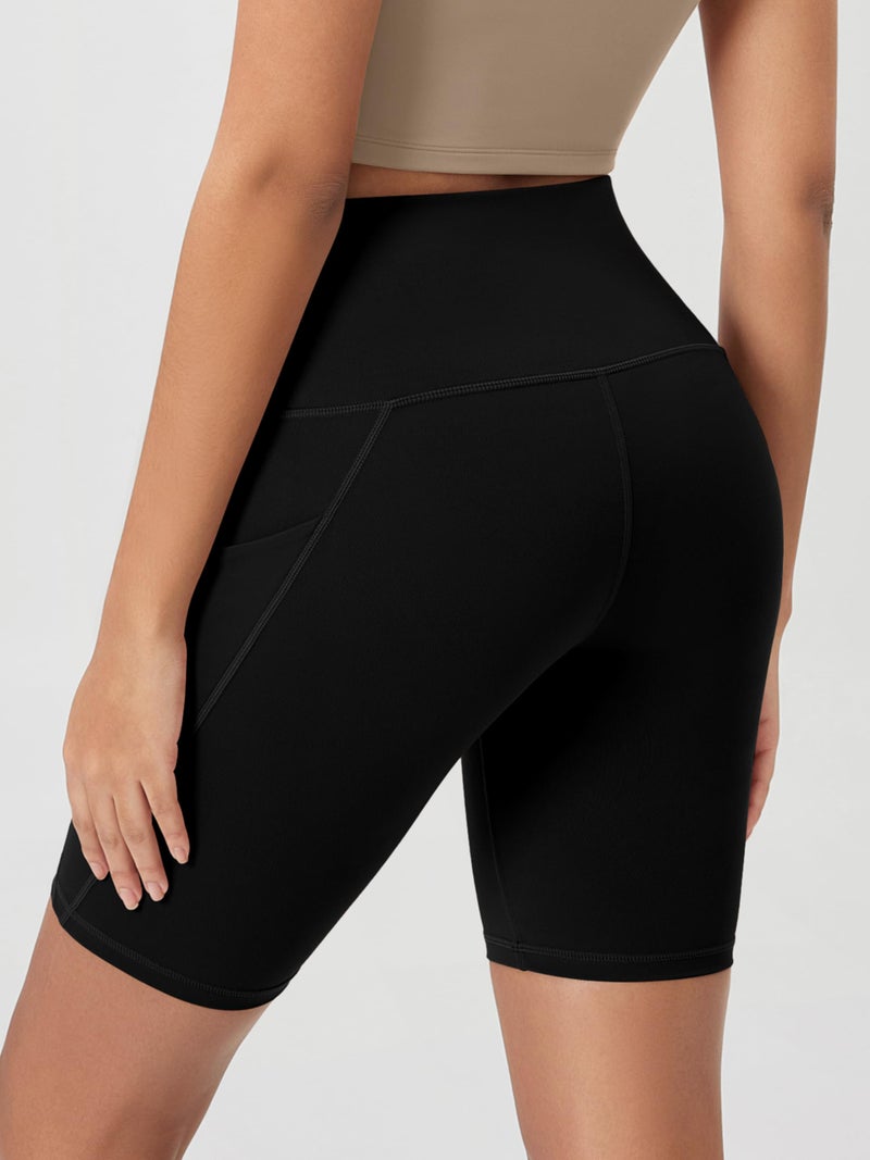 ODODOS 8" Tummy Control Biker Shorts for Women with Pockets High Waist Running Workout Athletic Yoga Shorts, Black, Large - Image 3