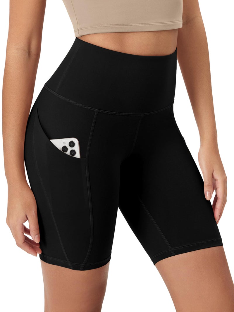 ODODOS 8" Tummy Control Biker Shorts for Women with Pockets High Waist Running Workout Athletic Yoga Shorts, Black, Large - Image 1