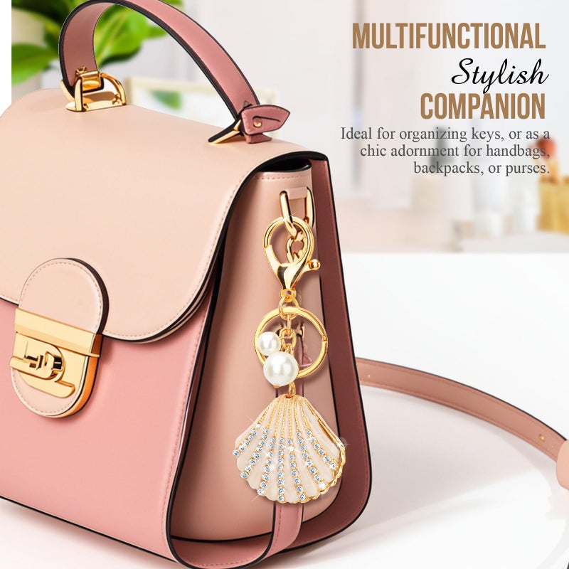 ABLY Shell Shaped Pearl Rhinestone Keychain Pendant for Women, Handbag Keychain and Wallet Accessory, Perfect for Car Keys, Wallets, Handbags and Backpacks Decoration,Champagne Gold - Image 5