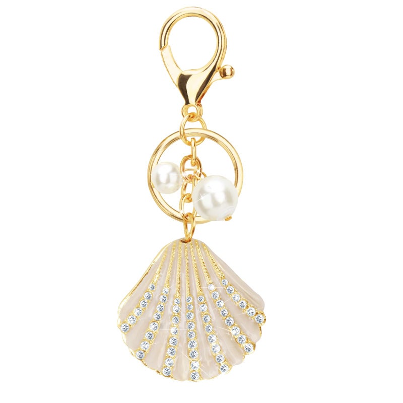 ABLY Shell Shaped Pearl Rhinestone Keychain Pendant for Women, Handbag Keychain and Wallet Accessory, Perfect for Car Keys, Wallets, Handbags and Backpacks Decoration,Champagne Gold - Image 1
