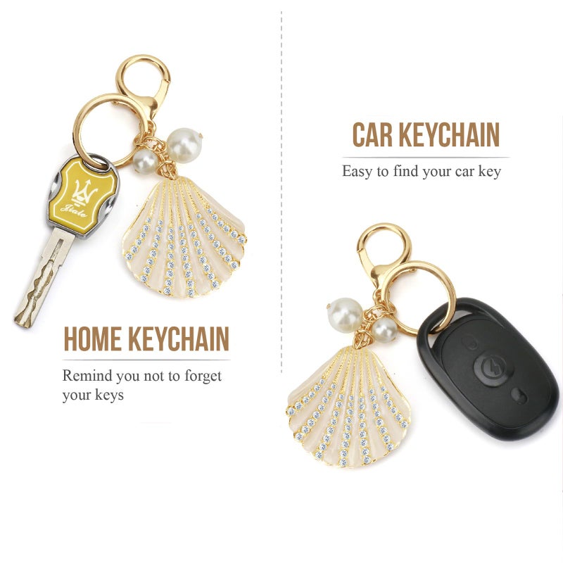 ABLY Shell Shaped Pearl Rhinestone Keychain Pendant for Women, Handbag Keychain and Wallet Accessory, Perfect for Car Keys, Wallets, Handbags and Backpacks Decoration,Champagne Gold - Image 4