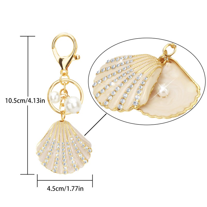 ABLY Shell Shaped Pearl Rhinestone Keychain Pendant for Women, Handbag Keychain and Wallet Accessory, Perfect for Car Keys, Wallets, Handbags and Backpacks Decoration,Champagne Gold - Image 2