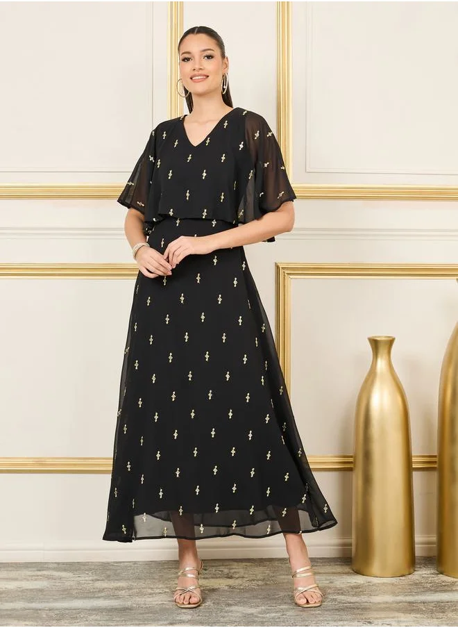 Styli Embellished Cape Style A-Line Maxi Dress