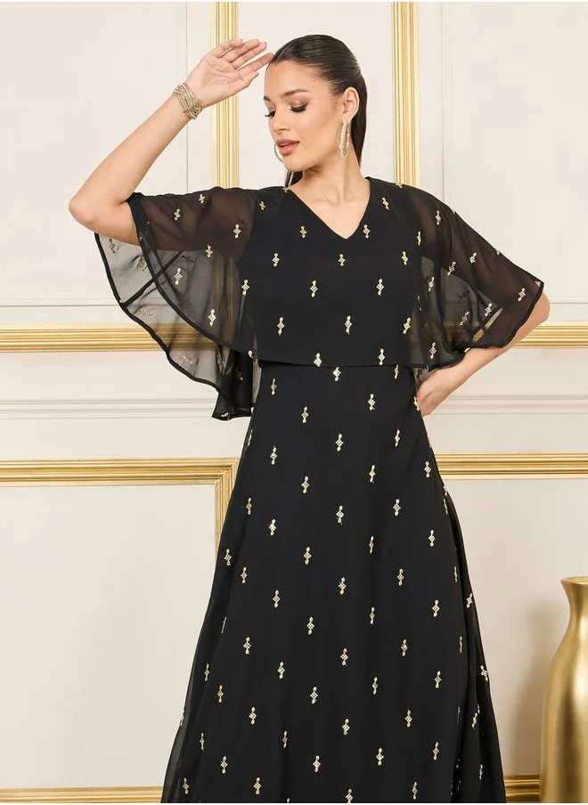Styli Embellished Cape Style A-Line Maxi Dress