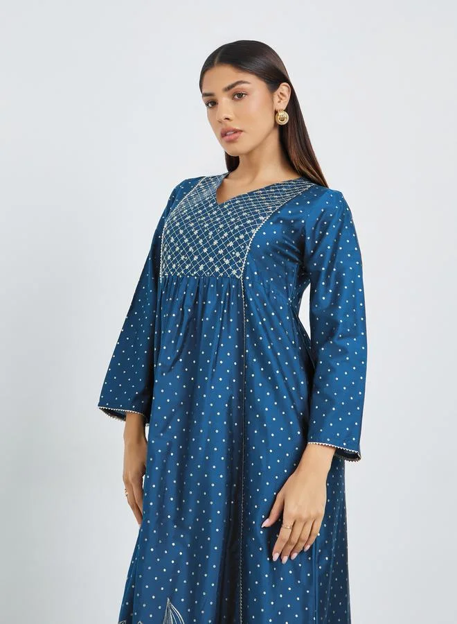 Amirah Navy Blue Dot Print V Neck Jalabiya