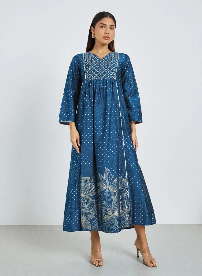 Amirah Navy Blue Dot Print V Neck Jalabiya