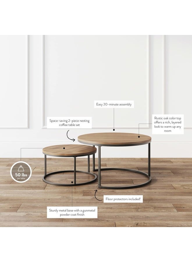 Nathan James Stella Round Modern Nesting Coffee (Set of 2), Stacking Living Room Accent Tables with Tabletops and Matte Metal Frame, Reclaimed Oak/Gunmetal - Image 3