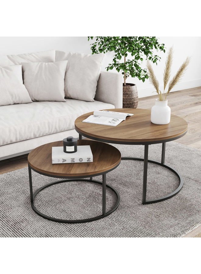 Nathan James Stella Round Modern Nesting Coffee (Set of 2), Stacking Living Room Accent Tables with Tabletops and Matte Metal Frame, Reclaimed Oak/Gunmetal - Image 1
