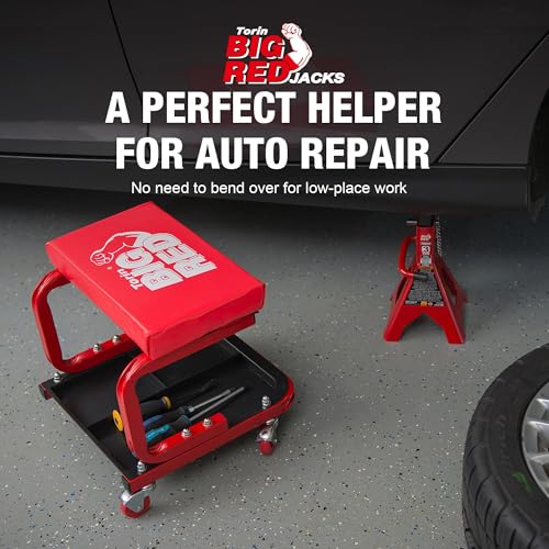 Big RED 250lb Red Rolling Automotive Creeper Garage/Shop Seat: Padded Mechanic Stool with Tool Large Tray Suitable for garages, Repair Shops - Image 2
