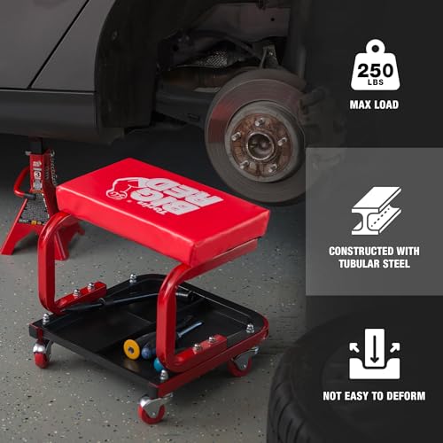 Big RED 250lb Red Rolling Automotive Creeper Garage/Shop Seat: Padded Mechanic Stool with Tool Large Tray Suitable for garages, Repair Shops - Image 4