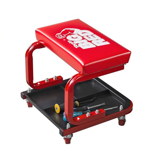 Big RED 250lb Red Rolling Automotive Creeper Garage/Shop Seat: Padded Mechanic Stool with Tool Large Tray Suitable for garages, Repair Shops - Image 1