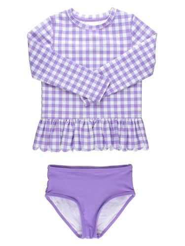 RuffleButts BabyToddler Girls Scalloped Long Sleeve Rash Guard 2Piece UPF50 Sun Protected Swimsuit Wisteria Purple Gingham 2T - Image 1