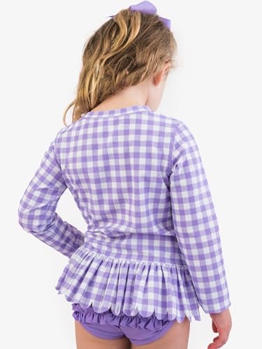 RuffleButts BabyToddler Girls Scalloped Long Sleeve Rash Guard 2Piece UPF50 Sun Protected Swimsuit Wisteria Purple Gingham 2T - Image 3