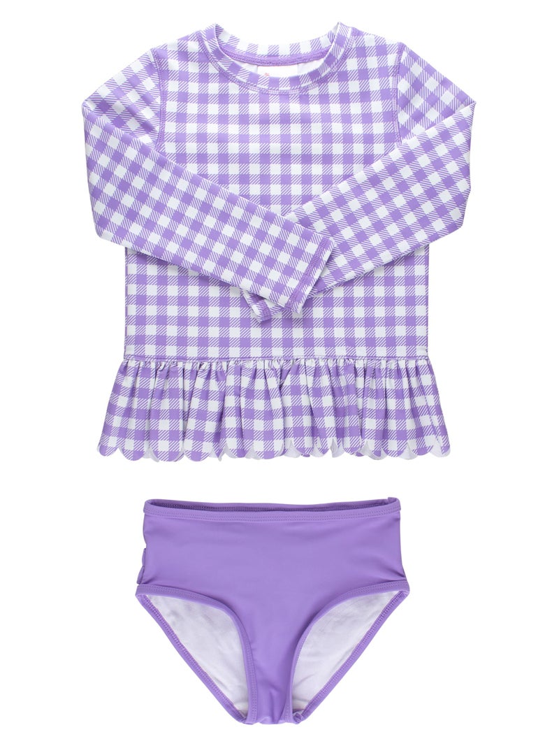 RuffleButts BabyToddler Girls Scalloped Long Sleeve Rash Guard 2Piece UPF50 Sun Protected Swimsuit Wisteria Purple Gingham 2T - Image 2