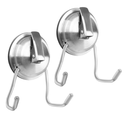 iRomic Stainless Steel Suction Cup Hooks for Shower Bathroom Kitchen Glass Door Mirror Tile Loofah Towel Coat Bath Robe Hook Holder2PCSBrushed Silver - Image 1