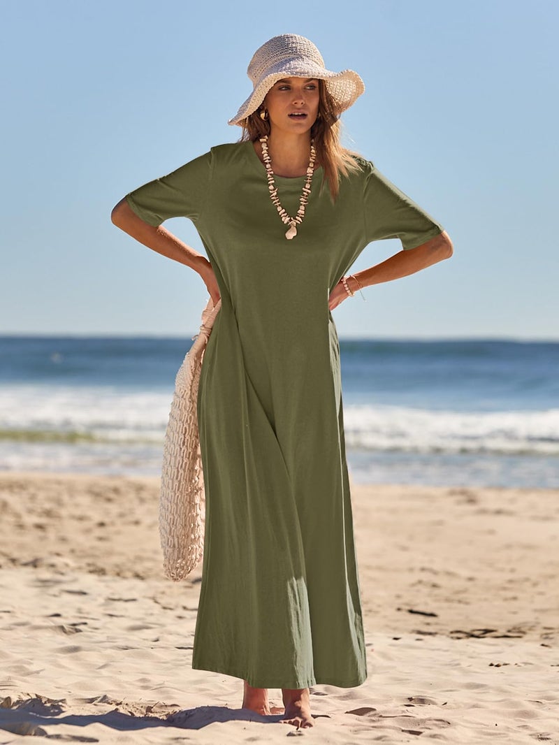 MEROKEETY Women's 2025 Summer Maxi Dress Casual Short Sleeve Beach Vacation Crewneck Basic Long T Shirt Dresses, ArmyGreen, X-Large - Image 3