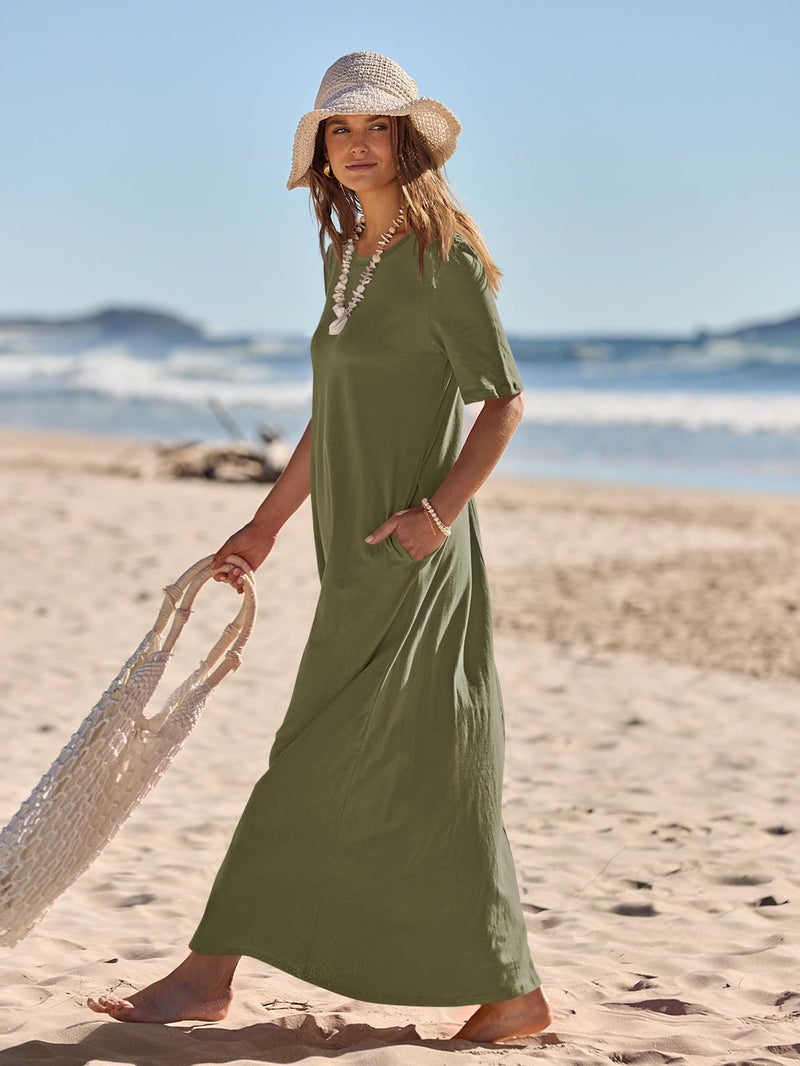 MEROKEETY Women's 2025 Summer Maxi Dress Casual Short Sleeve Beach Vacation Crewneck Basic Long T Shirt Dresses, ArmyGreen, X-Large - Image 2