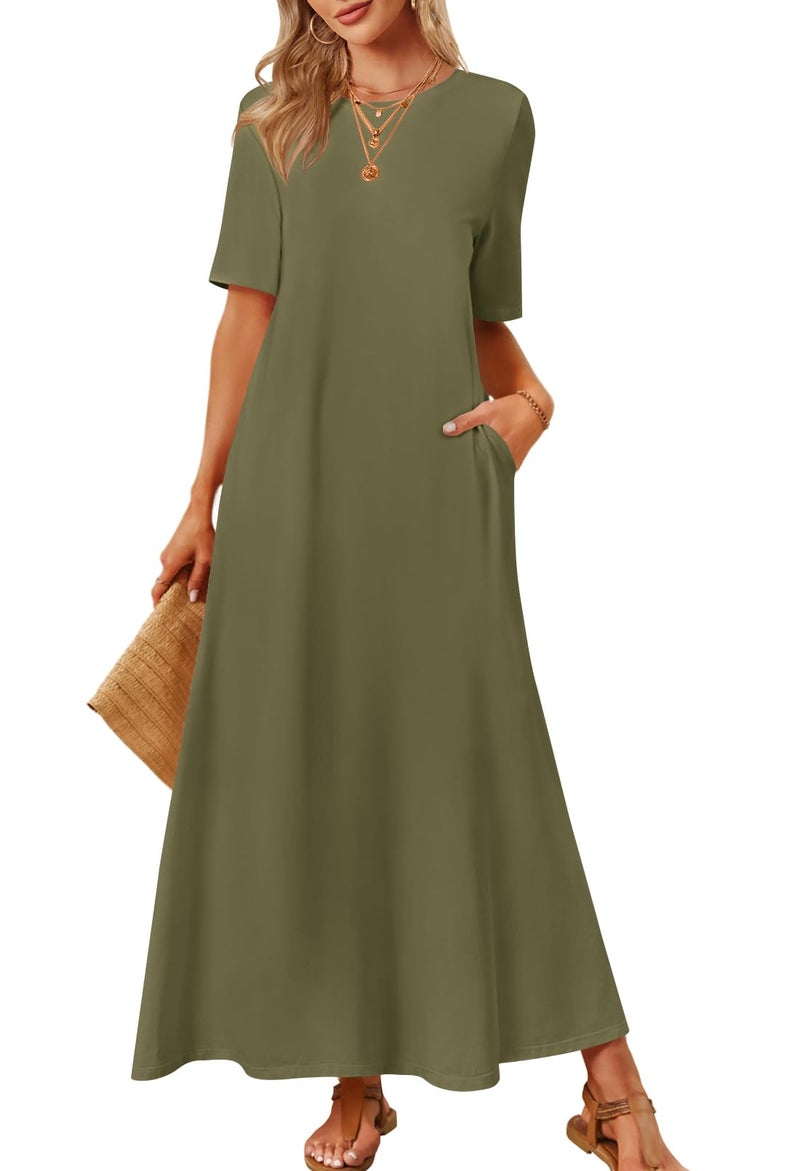 MEROKEETY Women's 2025 Summer Maxi Dress Casual Short Sleeve Beach Vacation Crewneck Basic Long T Shirt Dresses, ArmyGreen, X-Large - Image 1