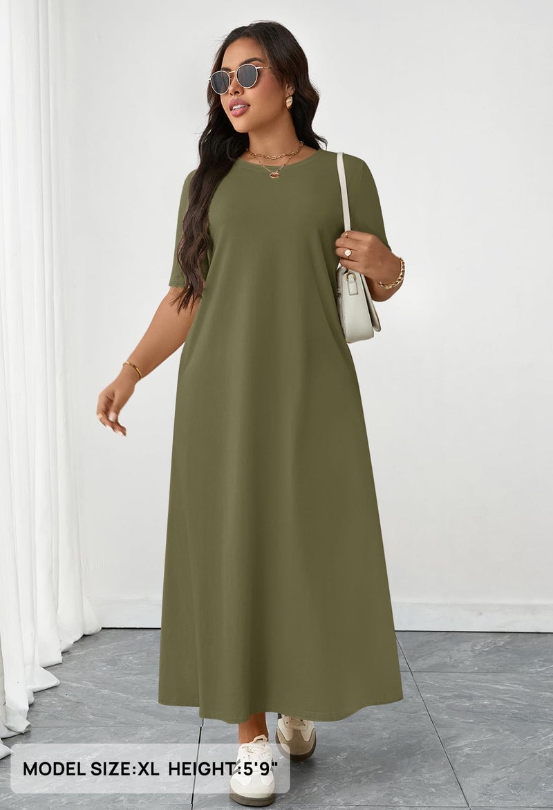 MEROKEETY Women's 2025 Summer Maxi Dress Casual Short Sleeve Beach Vacation Crewneck Basic Long T Shirt Dresses, ArmyGreen, X-Large - Image 4