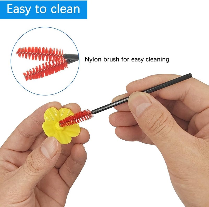 IOUALEY 20 Pack Hummingbird Feeders Replacement Flowers with 5 Pcs Cleaning Brush, Decorative Flower Bird Feeder Replacement Parts Feeding Ports Hummingbird Feeders for Outdoors Hanging Feeder, Red and Yellow - Image 4