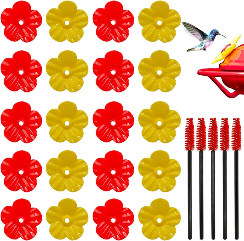 IOUALEY 20 Pack Hummingbird Feeders Replacement Flowers with 5 Pcs Cleaning Brush, Decorative Flower Bird Feeder Replacement Parts Feeding Ports Hummingbird Feeders for Outdoors Hanging Feeder, Red and Yellow - Image 1