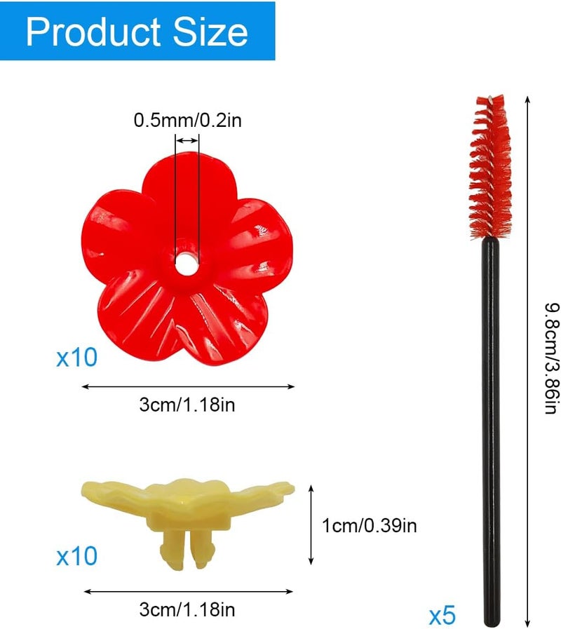 IOUALEY 20 Pack Hummingbird Feeders Replacement Flowers with 5 Pcs Cleaning Brush, Decorative Flower Bird Feeder Replacement Parts Feeding Ports Hummingbird Feeders for Outdoors Hanging Feeder, Red and Yellow - Image 2