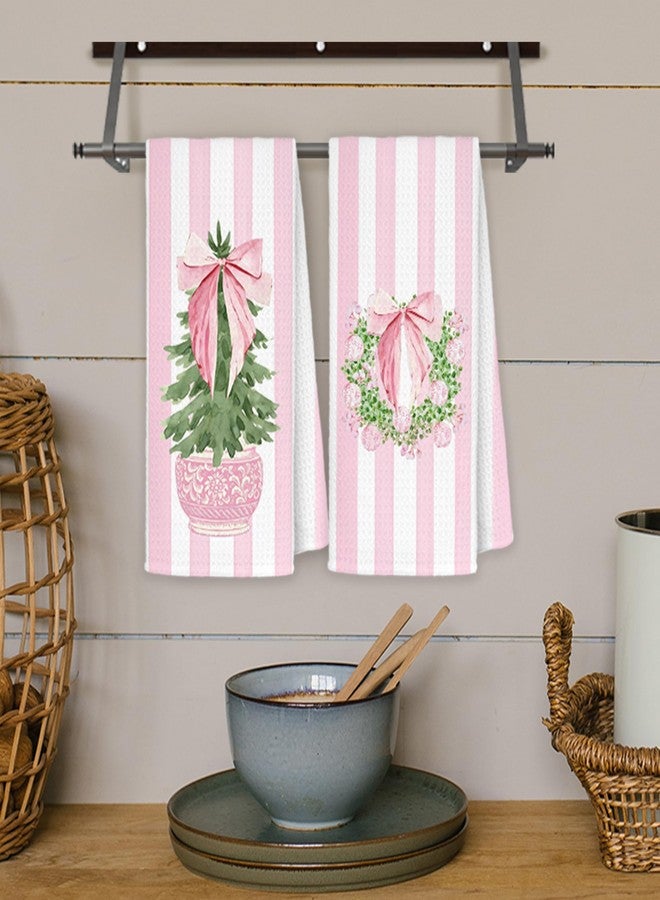 JINYO Pink Chinoiserie Christmas Kitchen Towels, Coquette Bow Preppy Christmas Tree Wreath Decorative Hand Towels for Bathroom Kitchen, Grandmillennial Pink Striped Xmas Dish Tea Towel, 16x24 Inch - Image 4