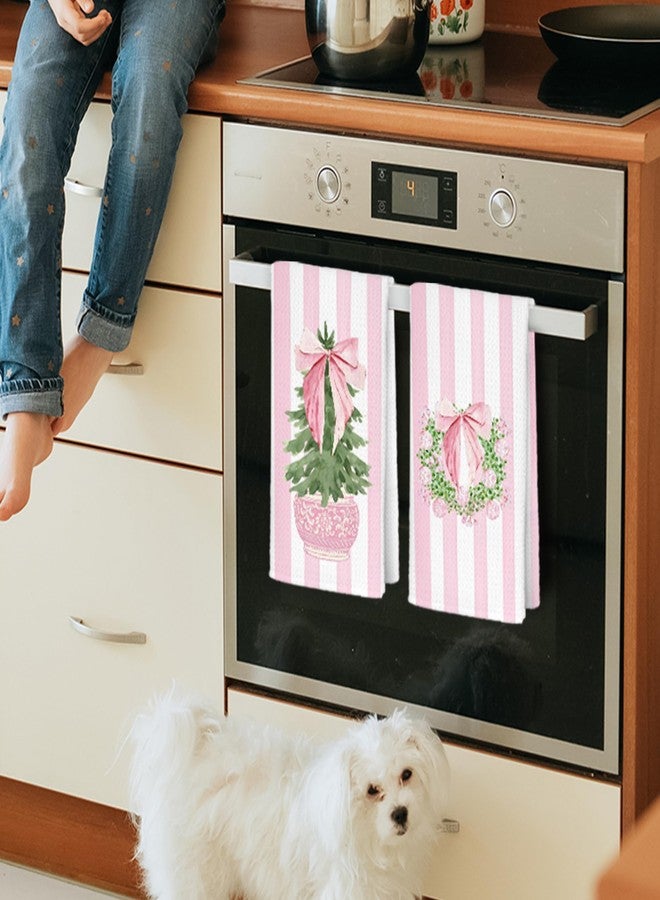 JINYO Pink Chinoiserie Christmas Kitchen Towels, Coquette Bow Preppy Christmas Tree Wreath Decorative Hand Towels for Bathroom Kitchen, Grandmillennial Pink Striped Xmas Dish Tea Towel, 16x24 Inch - Image 2