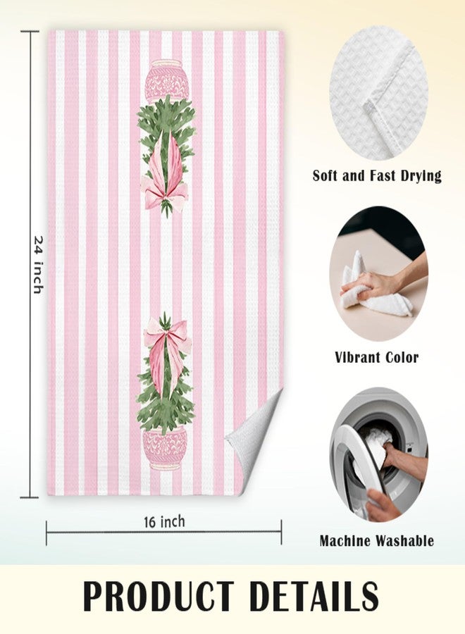 JINYO Pink Chinoiserie Christmas Kitchen Towels, Coquette Bow Preppy Christmas Tree Wreath Decorative Hand Towels for Bathroom Kitchen, Grandmillennial Pink Striped Xmas Dish Tea Towel, 16x24 Inch - Image 5