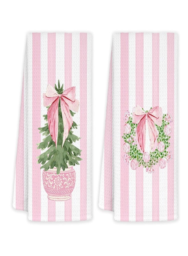 JINYO Pink Chinoiserie Christmas Kitchen Towels, Coquette Bow Preppy Christmas Tree Wreath Decorative Hand Towels for Bathroom Kitchen, Grandmillennial Pink Striped Xmas Dish Tea Towel, 16x24 Inch - Image 1