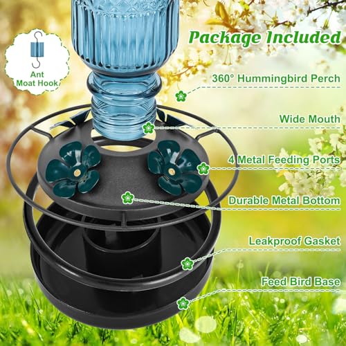 FEED GARDEN Glass Hummingbird Feeder for Outdoors Hanging, 16 OZ Humming Birds Feeders with 4 Bee Guard Feeding Ports & Built-in Ant Moat, Hummingbird Gifts for Mom, Bird Feeder for Outside, Blue - Image 3