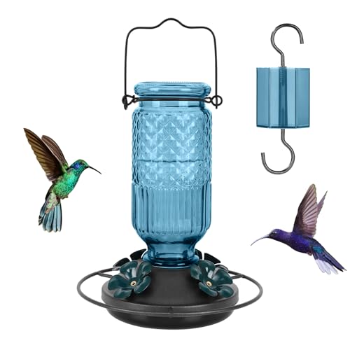 FEED GARDEN Glass Hummingbird Feeder for Outdoors Hanging, 16 OZ Humming Birds Feeders with 4 Bee Guard Feeding Ports & Built-in Ant Moat, Hummingbird Gifts for Mom, Bird Feeder for Outside, Blue - Image 1