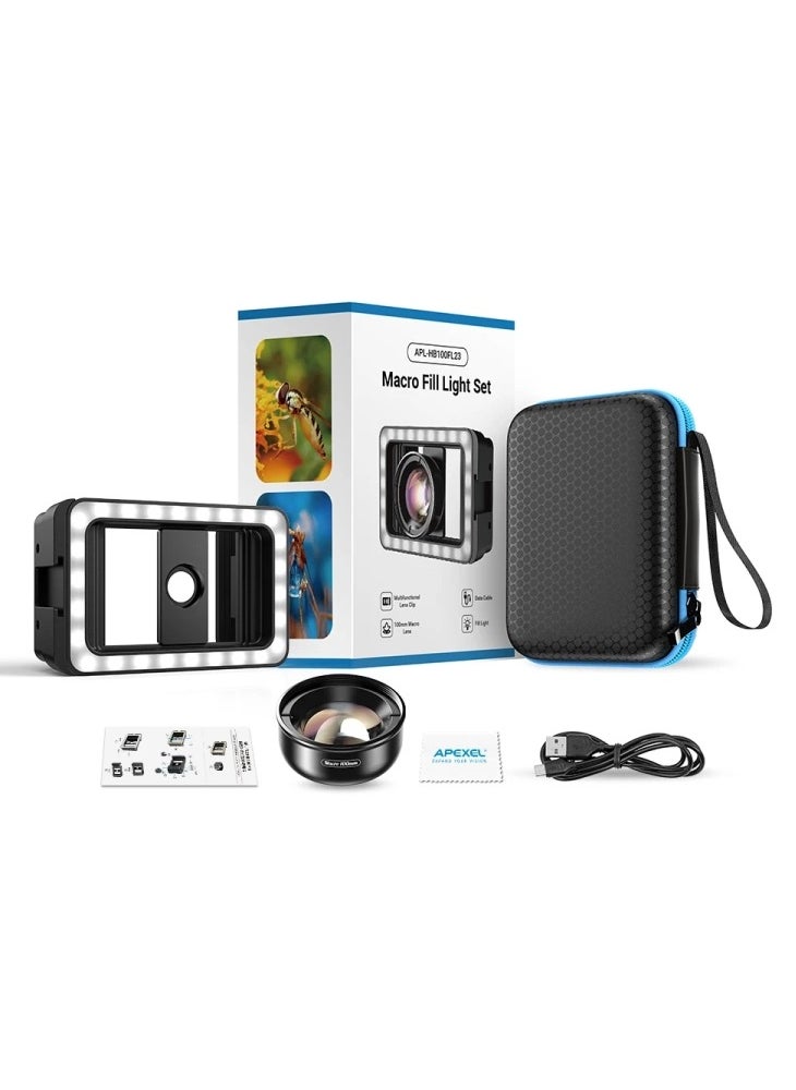 APEXEL 4K HD 100mm Macro Lens With LED Fill Light Set for Smartphones