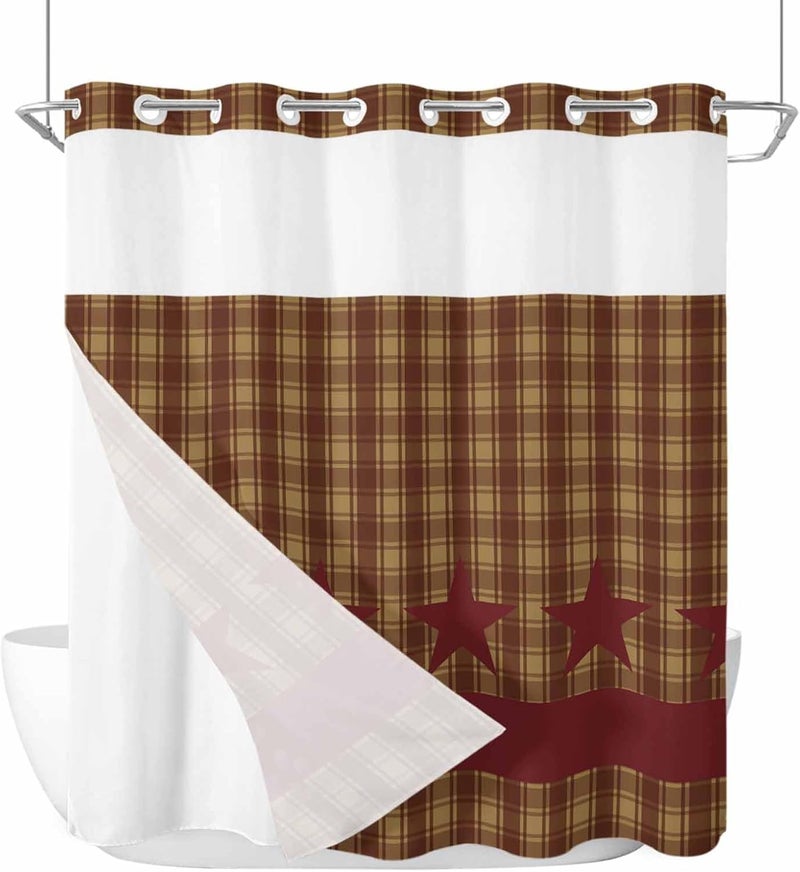 No Hook Shower Curtain and Liner Set, Brown Plaid Snap in Shower Curtain Set, Modern Geometric Red Stars Checkered Waterproof Fabric Bathroom Curtain with See Through Top Window 72"x78" - Image 1