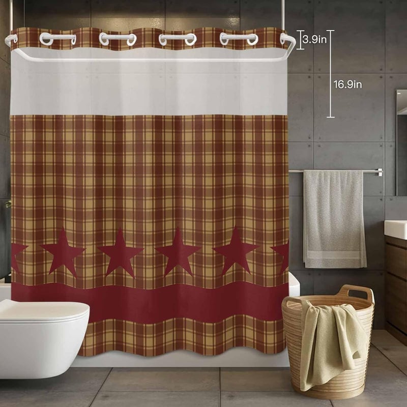 No Hook Shower Curtain and Liner Set, Brown Plaid Snap in Shower Curtain Set, Modern Geometric Red Stars Checkered Waterproof Fabric Bathroom Curtain with See Through Top Window 72"x78" - Image 4