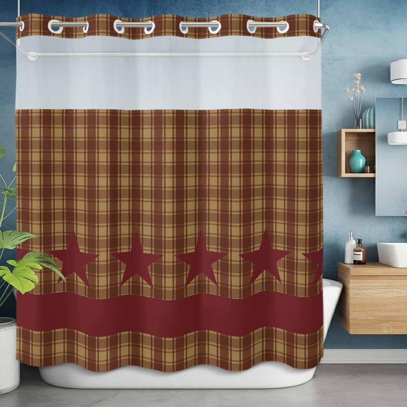 No Hook Shower Curtain and Liner Set, Brown Plaid Snap in Shower Curtain Set, Modern Geometric Red Stars Checkered Waterproof Fabric Bathroom Curtain with See Through Top Window 72"x78" - Image 5