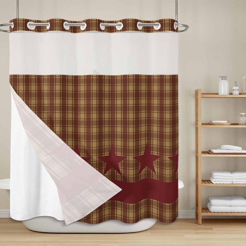 No Hook Shower Curtain and Liner Set, Brown Plaid Snap in Shower Curtain Set, Modern Geometric Red Stars Checkered Waterproof Fabric Bathroom Curtain with See Through Top Window 72"x78" - Image 2