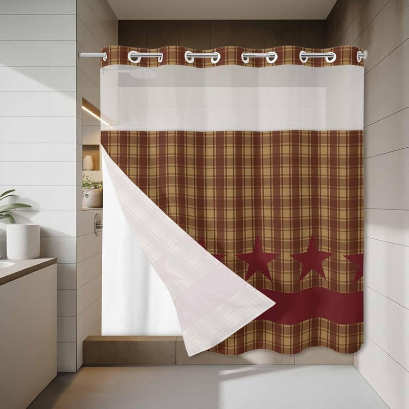 No Hook Shower Curtain and Liner Set, Brown Plaid Snap in Shower Curtain Set, Modern Geometric Red Stars Checkered Waterproof Fabric Bathroom Curtain with See Through Top Window 72"x78" - Image 3