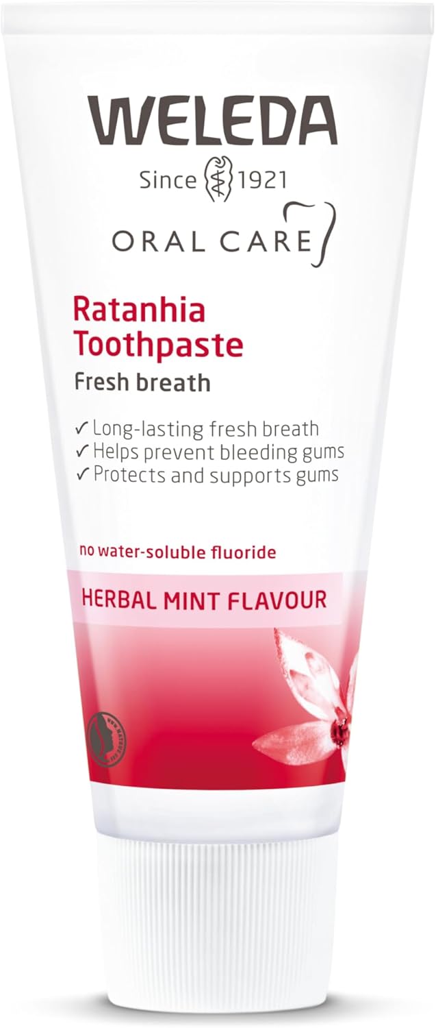 Weleda Ratanhia Toothpaste Fluoride Free Sensitive Gums Fresh Breath Antibacterial SLS Free Certified Natural Organic Vegan Mint Flavour 75ml - Image 1