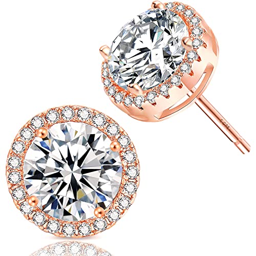 fleur rouge 18K Gold Plated Halo Stud Earrings CZ Simulated Diamond Round Earing for Women,Rose Earrings for Man,Sparkle Allure Earrings with Size 0.39inch,in Rose Gold - Image 1
