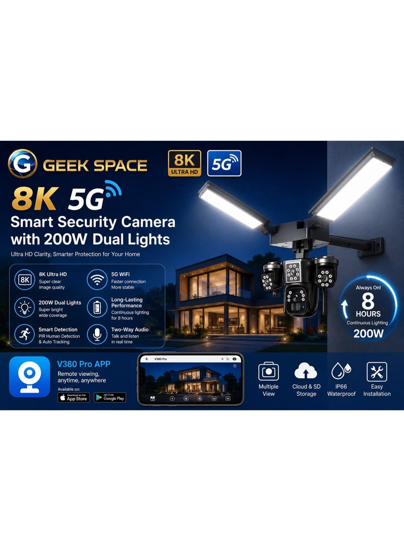 GEEK SPACE 4G 8K Solar Security Camera with 200W LED Floodlight, 360° PTZ Outdoor Wireless CCTV Surveillance Camera, SIM Card Support, AI Human Detection, Full Color Night Vision, Two-Way Audio, IP66 Waterproof, Remote Monitoring, Motion Alerts for Home, Farm & Business - Image 3