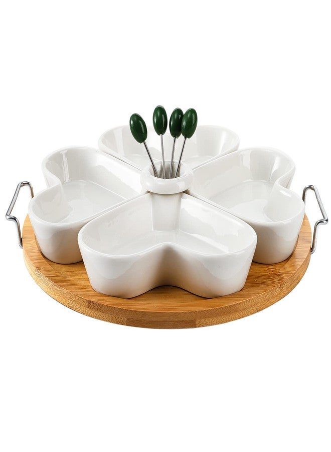 ZEAYEA 11 Inch Appetizer Serving Tray with Holder, Ceramic Divided Serving Platter with Food Picks for Christmas, Relish Tray for Chips and Dip, Veggies, Candy and Snacks, Parties, White - Image 3