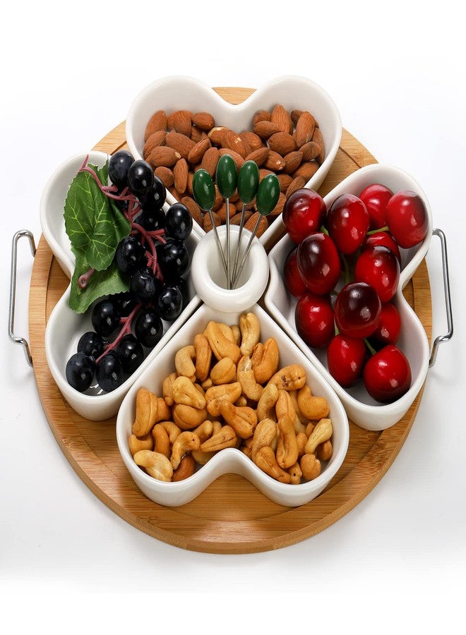 ZEAYEA 11 Inch Appetizer Serving Tray with Holder, Ceramic Divided Serving Platter with Food Picks for Christmas, Relish Tray for Chips and Dip, Veggies, Candy and Snacks, Parties, White - Image 1