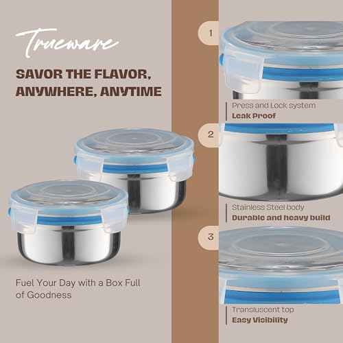 Trueware Clip N Close Smart Lock Stainless Steel Lunch Box | Durable, Airtight, BPA Free, 100% Food Grade | Versatile | for Office, for Men and Wowmn | 350 ml Each | Set of 2 - Image 4