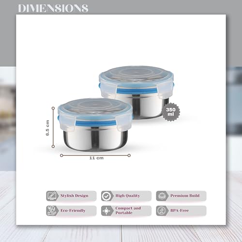 Trueware Clip N Close Smart Lock Stainless Steel Lunch Box | Durable, Airtight, BPA Free, 100% Food Grade | Versatile | for Office, for Men and Wowmn | 350 ml Each | Set of 2 - Image 2