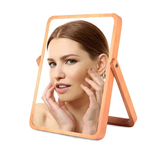 LOTIKO Wood Makeup Mirror,Rectangle Desk Makeup Mirror, Wall-Mounted Mirrors for Living Room, Bedroom, Shaving Cosmetic Mirror - Image 1