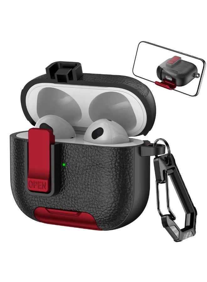 حافظة متوافقة مع سماعات Airpods 3، حافظة جلدية بتصميم ملمس مع حزام يد، مقاومة للسقوط والصدمات (أحمر/أسود)