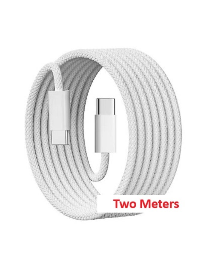 Two-meter white charging cable, compatible with iPhone 17 Pro Max, 16 Pro Max, and Samsung devices. - Image 1